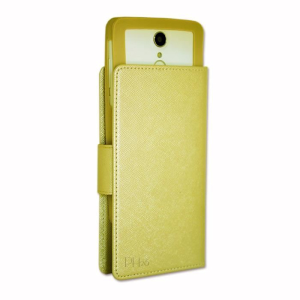 Blu Studio J8 Case Gold folion kansi kuvioitua nahkaa, korttipidike ja näkyvät PH26®-ompeleet