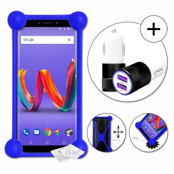 Super Pack iskunkestävä sininen puskurikotelo laadukkaasta silikonista Wiko Harry 2:lle tupakansytyttimellä, Ultra Fast 2x USB