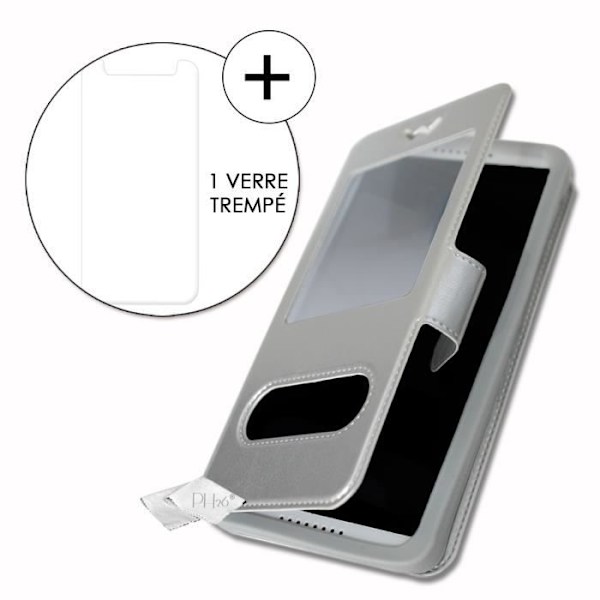 Super Pack-fodral för Huawei nova 5 Extra Slim 2 Windows ekologiskt läder + hög genomskinlighet härdat glas SILVER