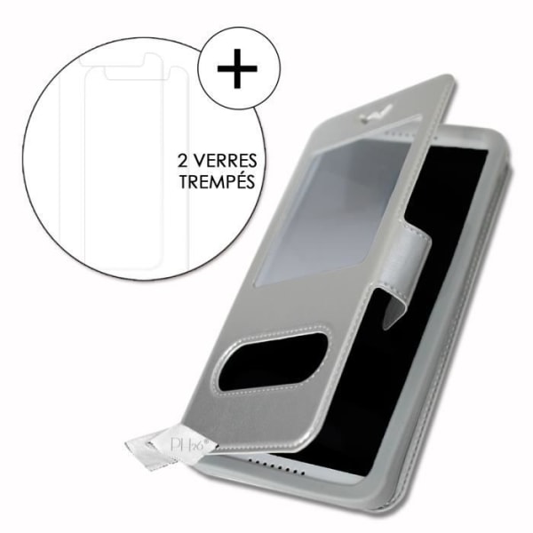Super Pack-fodral för LG K50 Extra Slim 2 Eco-läderfönster + 2 högtransparens skyddsglasögon SILVER