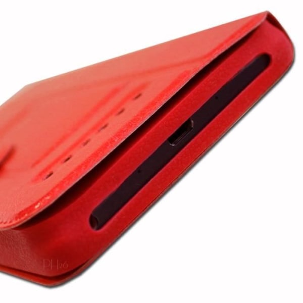 Rött fodral för Realme 3i Extra Slim X2 Quality ekoläderfönster magnetisk stängning och synliga sömmar
