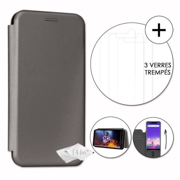 PH26® Super Pack Folio-kortholderetuiet i gråkornet øko-læder til Logicom Le Hop med 3 hærdede glas, maksimal hårdhed Grå