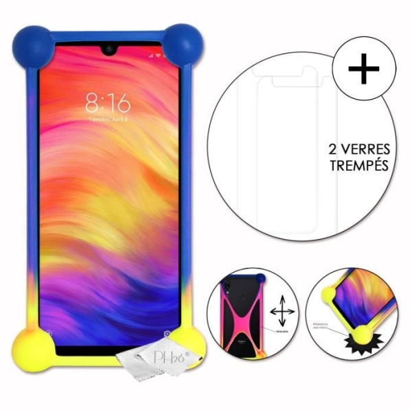 Super Pack flerfärgat stötsäkert bumperfodral i kvalitetssilikon för Xiaomi Redmi Note 7 med 2 skyddande härdade glasögon