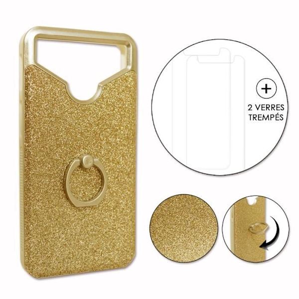 Huawei Y7 Prime PACK Guld rhinestone bakstycke med ring + 2 härdade glas MAXIMAL hårdhet