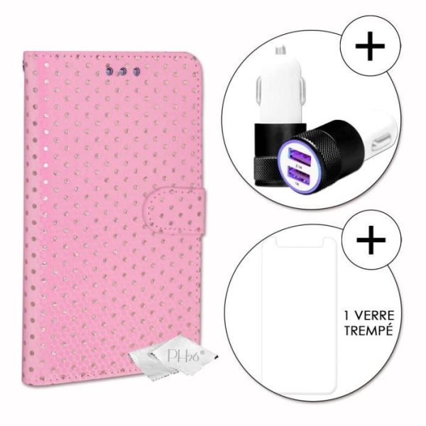 PH26® Super Pack Folio cover til guldprikker i Fuchsia øko-læder med kortholder, spejl + 1 MAKSIMAL hårdhed hærdet glas, Fuschia