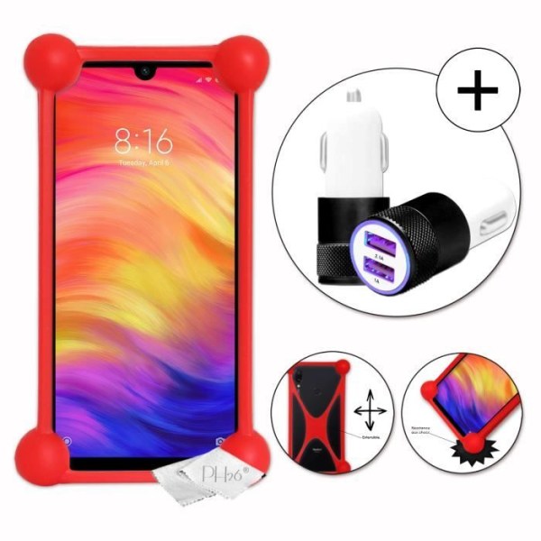 Super Pack punainen iskunkestävä puskurikotelo laadukkaasta silikonista Xiaomi Redmi Note 7:lle tupakansytyttimen laturilla, erittäin nopea