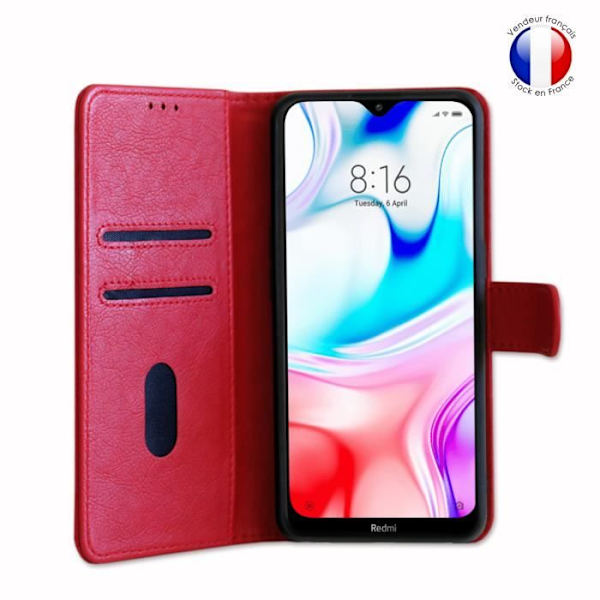 Pungcover dedikeret til Xiaomi Redmi 8 med magnetisk fane, kortopbevaring og videounderstøttelse - Rød Röd