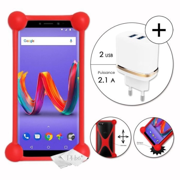 Super Pack rød stødsikker kofanger taske i kvalitets silikone til Wiko Harry 2 med netoplader, Ultrahurtig 2x USB 2.1A Röd