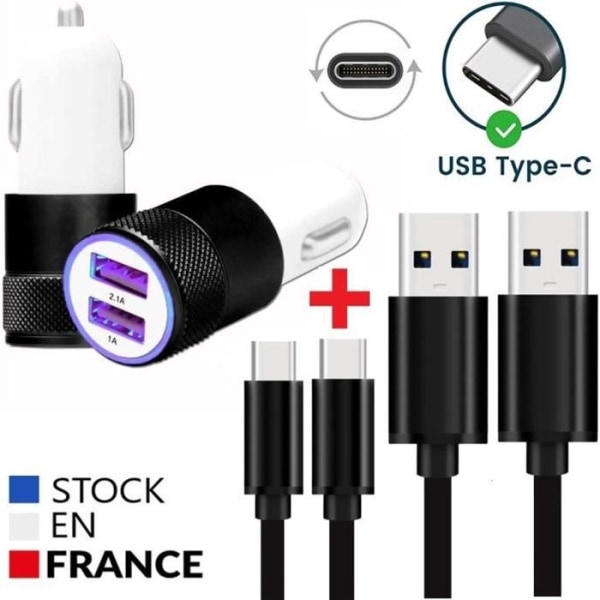 Autoladdarpaket + 2 Micro USB-kablar för Oppo A53 2020 Ultrakraftig och snabb laddare 2X (5V - 2.1A) + 1M kabel - SVART. Svart