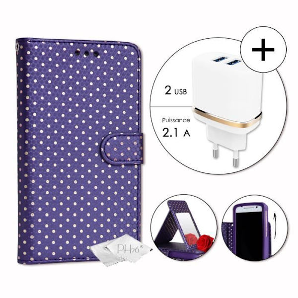 PH26® Super Pack Folio cover til guldprikker i lilla øko-læder med kortholder, spejl + Ultra Fast Power Charger Lila