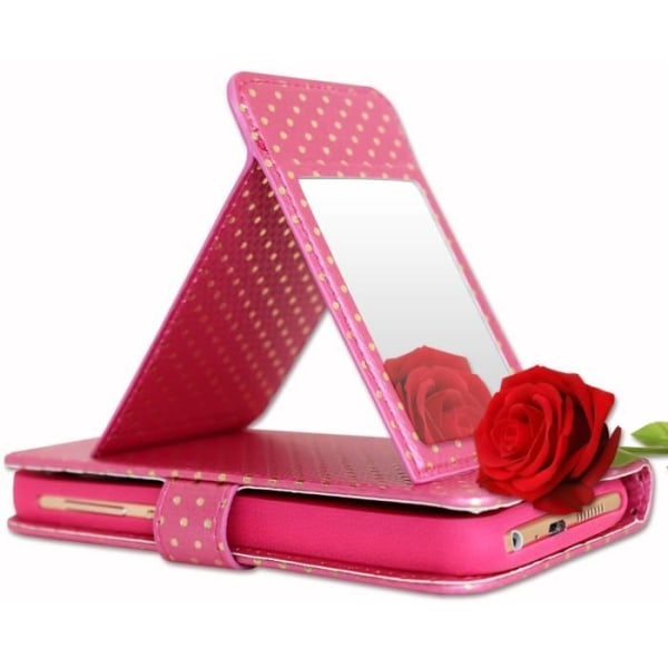 Skal till Realme X Master Edition med guldprickar i ekoläder med korthållare, spegel och synliga sömmar - FUSHIA Rosa