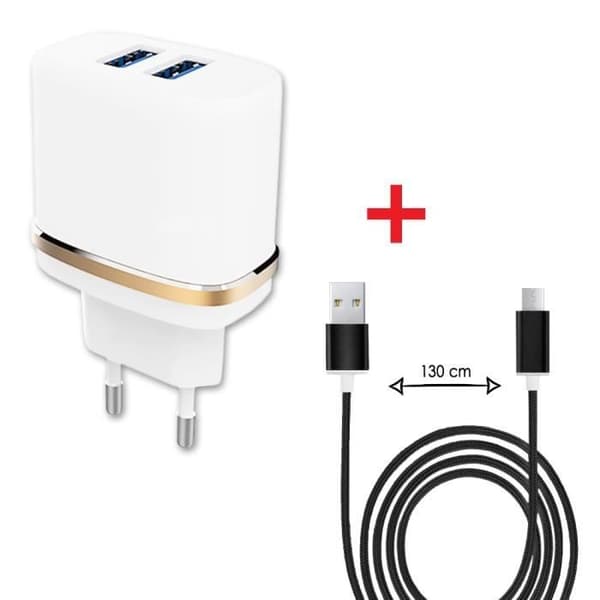 Dubbel USB-nätladdare - Blackview - BV7000 Pro - Micro USB-kabel 1,3m - 3,1A - Vit nylon Vit