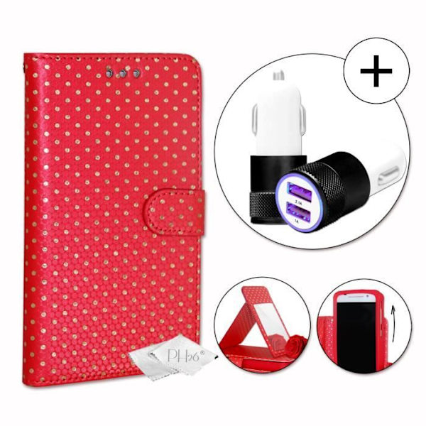 PH26® Super Pack Folio fodral för guldprickar i rött eko-läder med korthållare, spegel + billaddare Cigarettändare