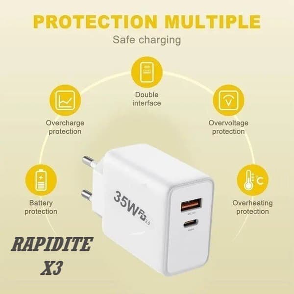 PH26® USB-C Oplader 35W, 2 Porte PD 3.0 QC 3.0 Hurtig Oplader + 2 Kabler 2 meter kompatibel med Redmi Note 11 Pro