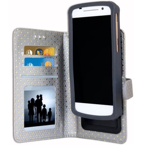Skal till BQ-Mobile BQ-6424L Magic O med guldprickar i ekoläder med korthållare, spegel och synliga sömmar - SILVER