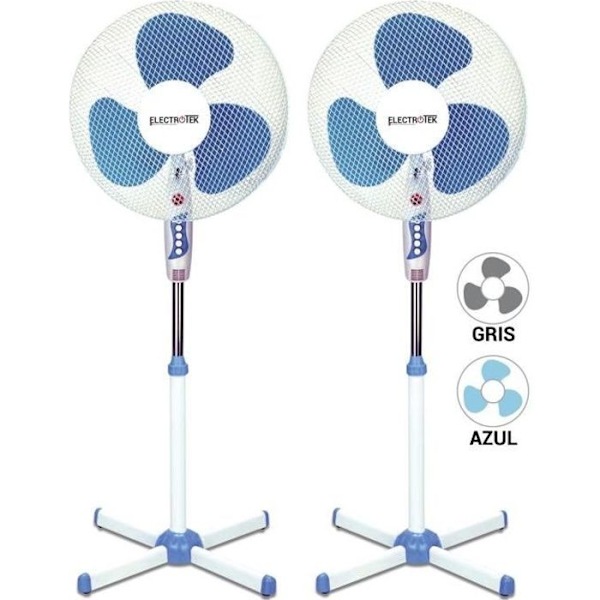 Paket med 2 piedestalfläktar - 40 cm diameter - 50 watt - Oscillerande 120° - 3 hastigheter - Rund fot Blå