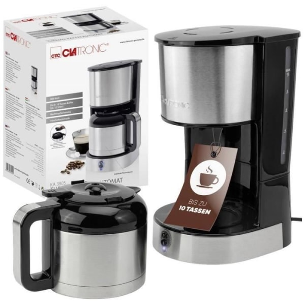 Clatronic KA 3805 Edelstahl-schwarz Kaffebryggare i rostfritt stål Antal koppar=10 värmebeständig kanna