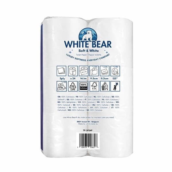 24 rullar toalettpapper 3-lager mjukt papper Vit Björn TP-3P24P