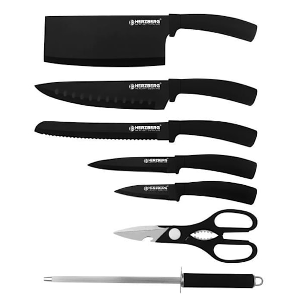 Herzberg HGMSN8BLK 8-delat svart knivset med stativ