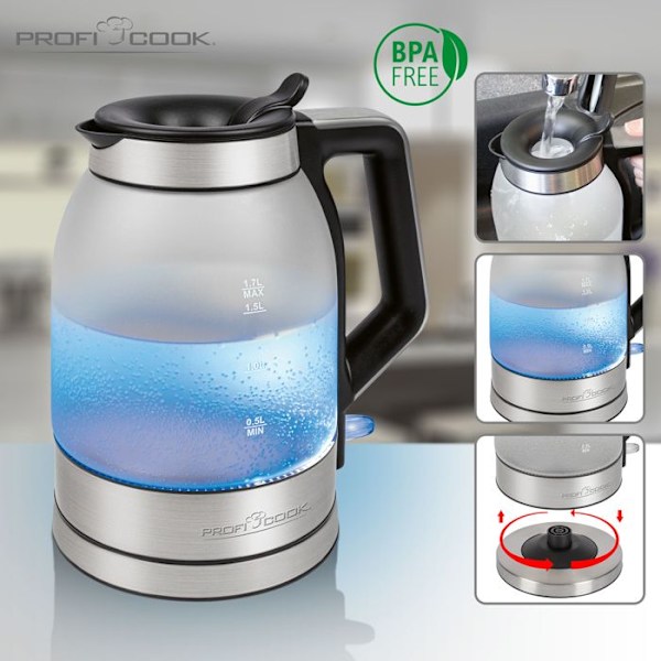 Elektrisk Kettle, 1,7 Liters Glas, BPA-fri Behållare, Trådlös, Belyst Proficook WKS 1215G 2200W Silver 501215 Blå