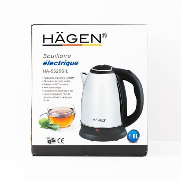 Elkanna - Silver Hagen - HA5525-SIL - 1.8L - Borstatstål - Trådlös 360° Borstat och svart rostfritt stål