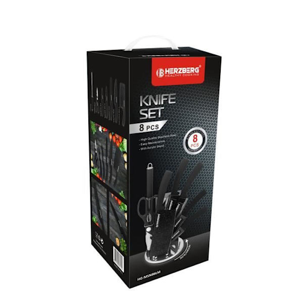 Herzberg HGMSN8BLK 8-delat svart knivset med stativ