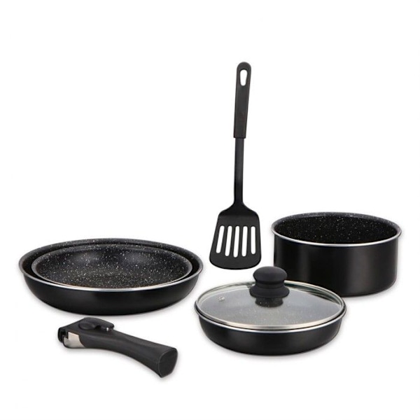 Herzberg HG8090-7-BK kokkärlsset - Stenbeläggning - Avtagbart handtag Svart