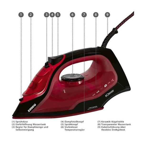 Ångstrykjärn med 7 funktioner 2200W Bomann DB 6035 CB Svart/Röd