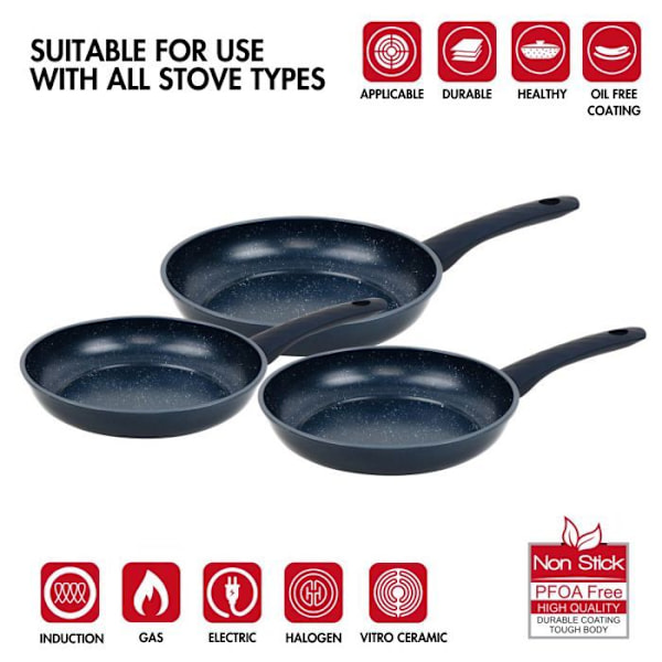 Set av stekpannor i smitt material med marmorbeläggning Blå 3 delar Herzberg HG04777-BLU