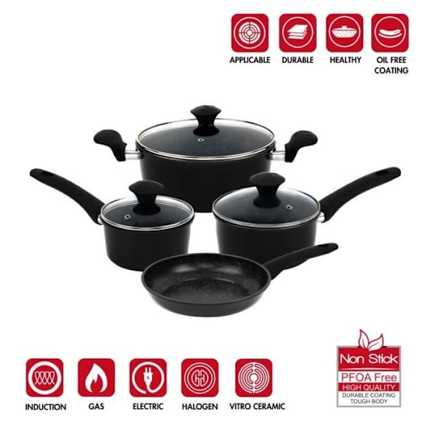 Herzeberg HG04654-BLK 7-delad svart marmorbelagd smidd kokkärlssats