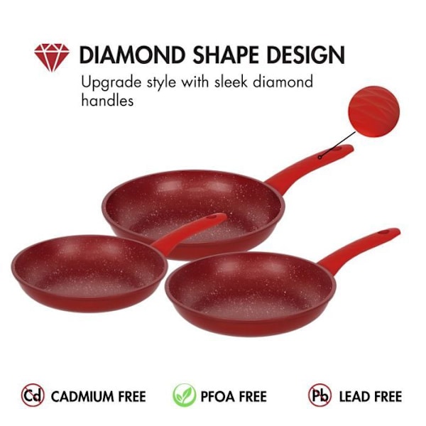 Herzberg HG04807-RED 3-delad röd marmorbelagd smidd stekpannaset