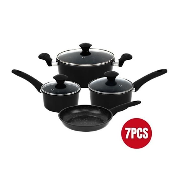 Herzeberg HG04654-BLK 7-delad svart marmorbelagd smidd kokkärlssats