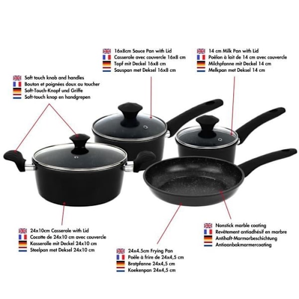 Herzeberg HG04654-BLK 7-delad svart marmorbelagd smidd kokkärlssats