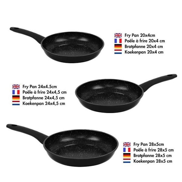Sats med smidda stekpannor med svart marmorbeläggning 3 delar Herzberg HG04746-BLK