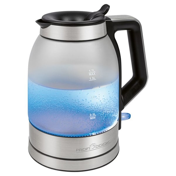 Elektrisk Kettle, 1,7 Liters Glas, BPA-fri Behållare, Trådlös, Belyst Proficook WKS 1215G 2200W Silver 501215 Blå
