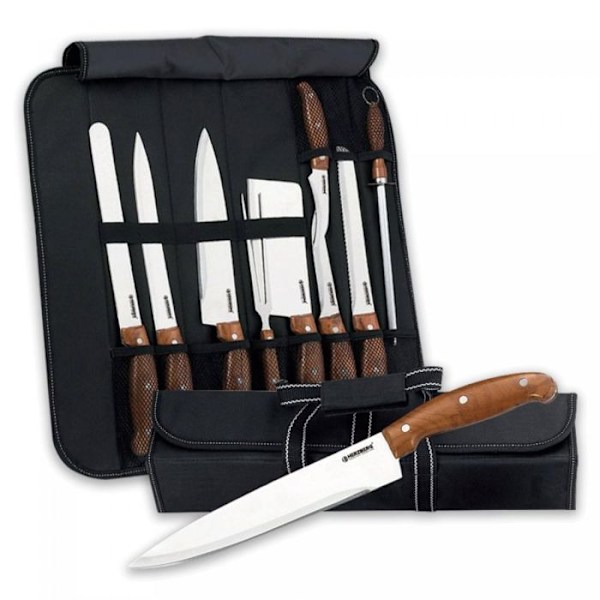 Herzberg HG-K9W: 9 delar knivset med roll-up bärväska