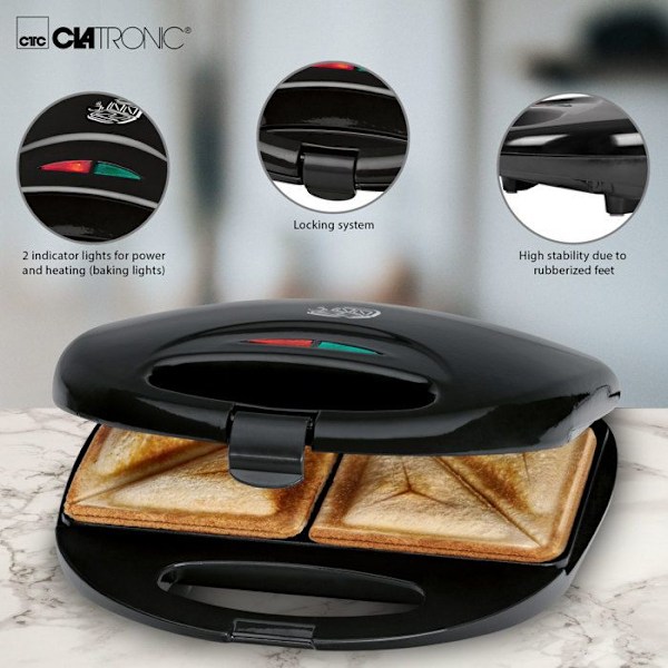 Smörgås och Croque Monsieur Maker Clatronic ST 3477 Svart - Non-stick triangulära tallrikar - 750W Svart