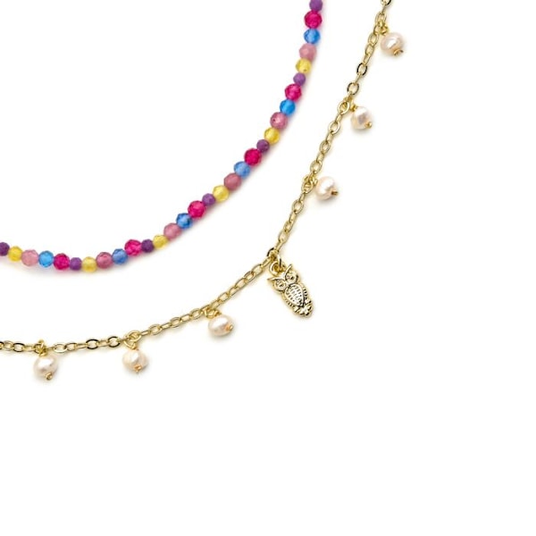 Collier - Niarz - Sølv 925 - Guld 18k - Multifarvede krystaller - 42 cm + 3 cm forlængelse Flerfärgad