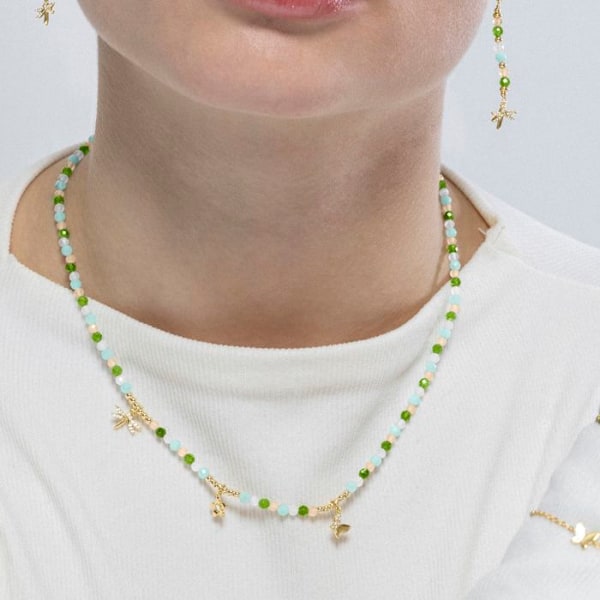 Collier - Lås - Sølv 925 - Grøn krystal - Guld 18k - 42 cm + 3 cm forlængelse Grön