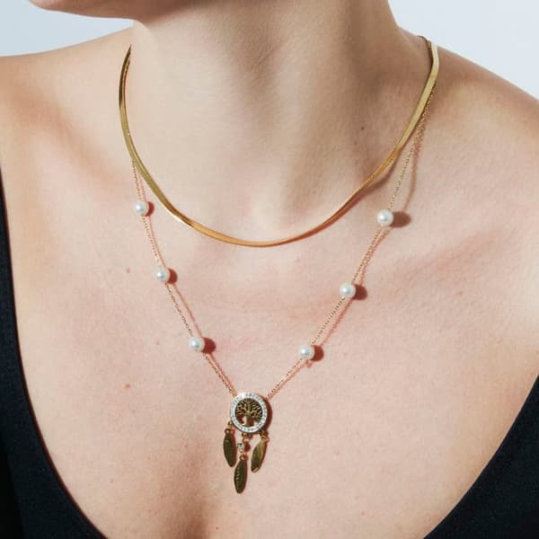 Collier - LUXENTER - Anthori - Hvide perler - 18 karat guld finish - Stål Vit