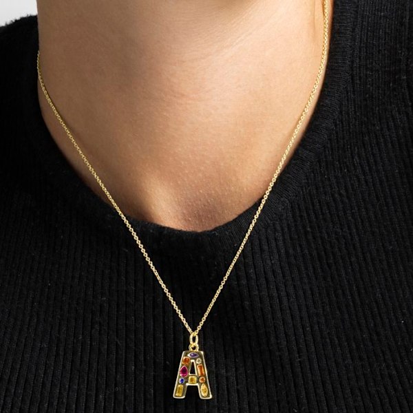 Collier - Luxenter - Bogstav A - Multifarvet zirkon - 18k guld - 42 cm + 3 cm forlængelse Flerfärgad
