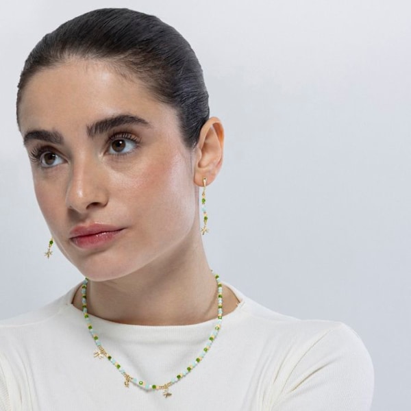 Collier - Lås - Sølv 925 - Grøn krystal - Guld 18k - 42 cm + 3 cm forlængelse Grön