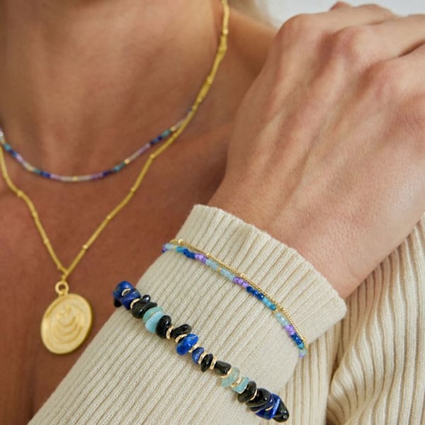 Armband - Aiel - Klarblått kristall - Gult guld 18K - 15 cm + 3 cm förlängning - Karbinhake Mörkblå