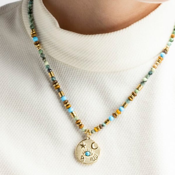 Collier - Luxenter - Salki - Flerfärgad natursten - 18k guld - 42cm + 3cm förlängning Flerfärgad