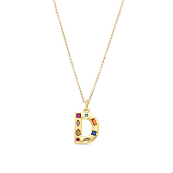 Halsband - Luxenter - Alphabet D - Flerfärgad zirkon - Guld 18k - 42 cm + 3 cm förlängning Flerfärgad