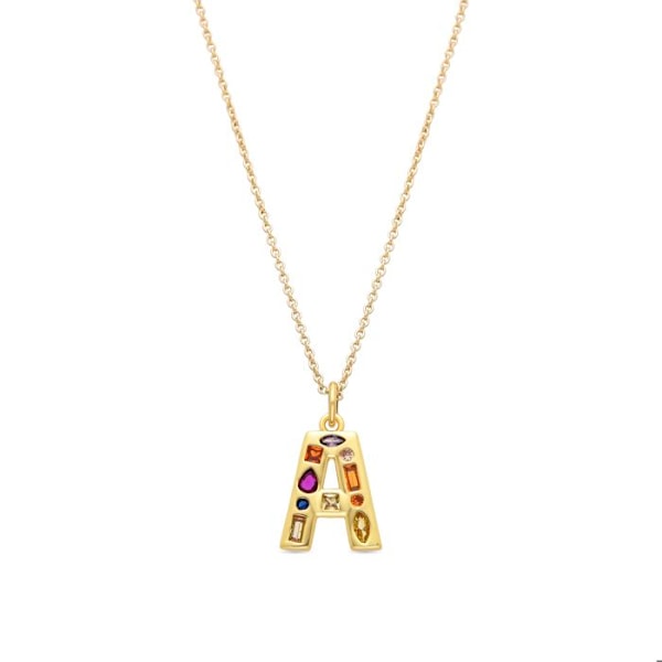Halsband - Luxenter - Bokstav A - Flerfärgad zirkon - Guld 18k - 42 cm + 3 cm förlängning Flerfärgad