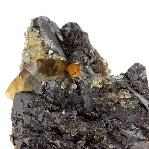 Sten og mineraler. Calcit + Sphalerit. 1595,0 øre. Elmwood Mine, Carthage, Tennessee, USA.