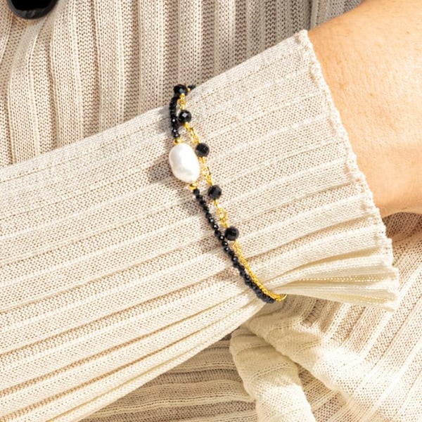 Armband - Ekhao - 18 Karat Gult Pläterat Legering - Hydrotermal Kvarts - Onyx - Universell Storlek Svart