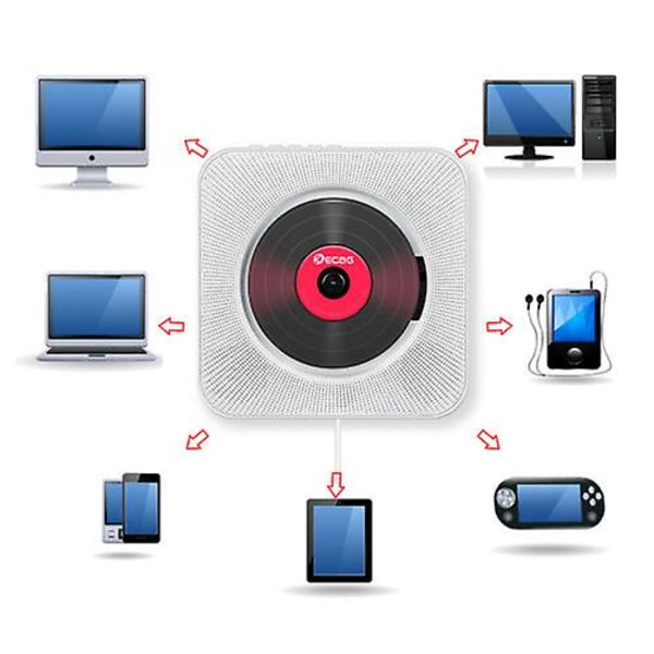 Väggmonterad CD-spelare med surroundljud, FM-radio, Bluetooth, USB, MP3-skiva, bärbar musikspelare, fjärrkontroll, stereohögtalare, hem White