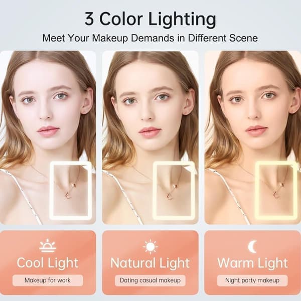 Rechargeable Makeup Mirror with Lighting, 3 Color Modes, Dimmable Touch Screen